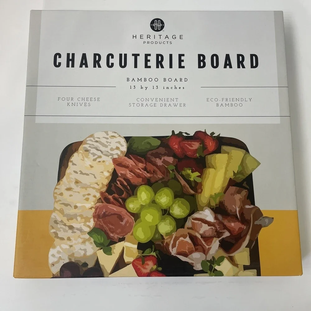 Heritage Products Charcuterie Board Bamboo 13in NEW Brown 4 Cheese Knives Drawer